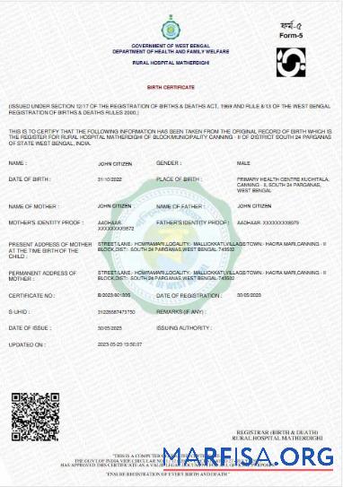 Downloadable India West Bengal Rural hospital birth certificate template